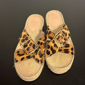 J.Crew Sandals 9.5 Leopard Print Criss Cross Buckle Slip On Espadrille Platform